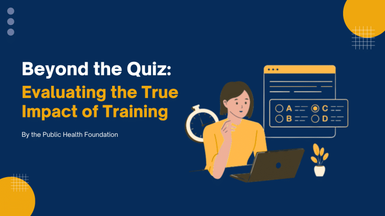 Illustration of a woman at a laptop with a stopwatch and a quiz screen, on a dark blue background; title reads ‘Beyond the Quiz: Evaluating the True Impact of Training’.