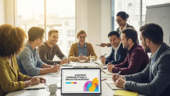 Diverse team of eight collaborating around a table during a workshop, with a laptop displaying 'Leadership, Communications, & Innovation Workshop'.