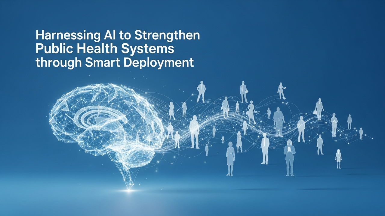 Glowing digital brain with interconnected human figures illustrating AI-powered public health deployment.