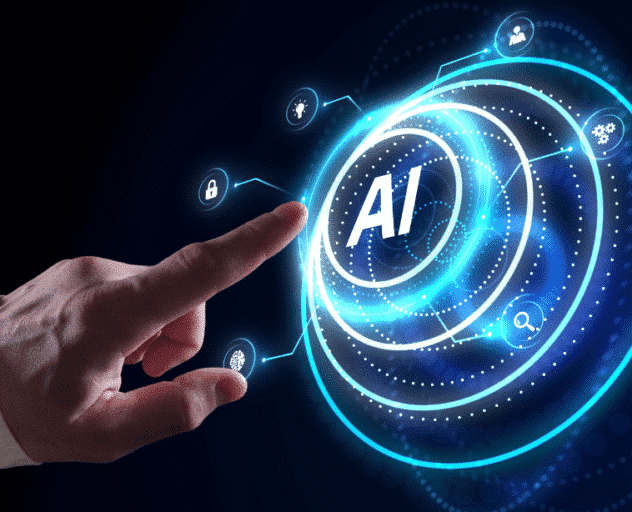 Close-up of a hand touching a glowing AI hologram with concentric blue rings and icons.","A businesshand reaches toward a futuristic AI interface displaying the letters AI.","Fingertip interacting with a neon blue AI hub and circular data rings.","Illustration of artificial intelligence with a glowing circular UI and 'AI' at center.