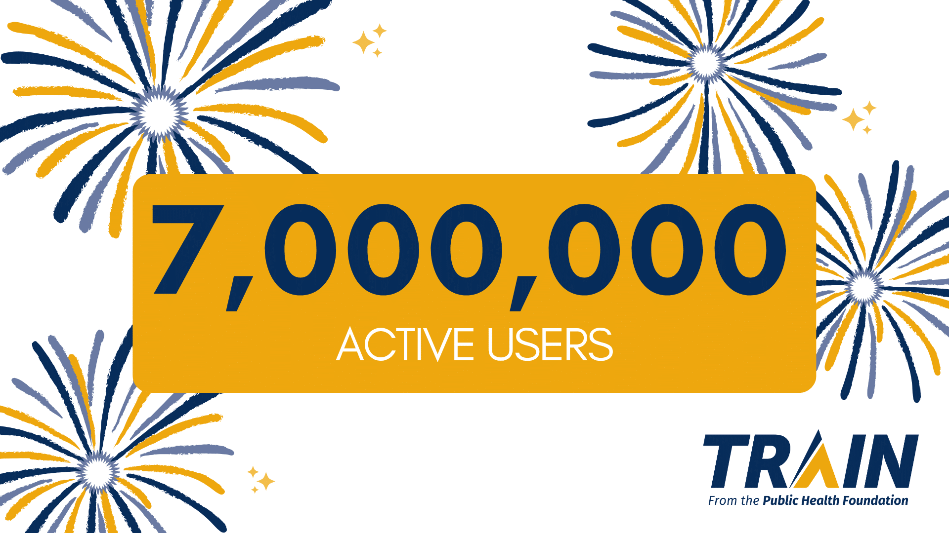 Celebratory graphic with blue and gold fireworks and a large orange label reading '7,000,000 ACTIVE USERS'.