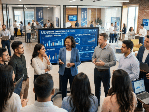 Team presenting a data dashboard to colleagues in a modern office lounge area.